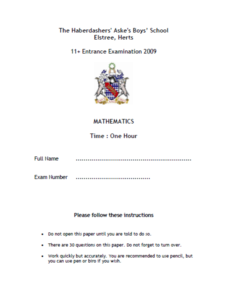 haberdashers’ aske’s boys’ school elstree, herts – 11+ entrance examination 2009 – mathematics